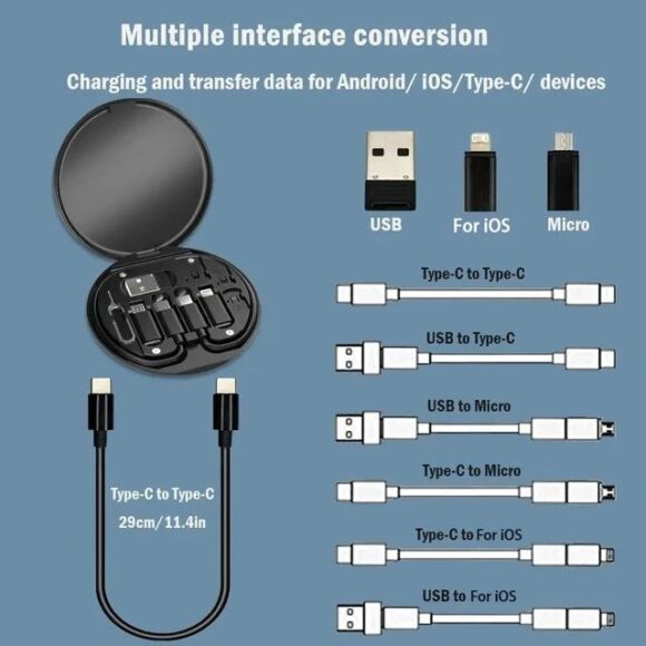 USB C Adapter OTG Cable Kit, Multi Charging Cable Case Convertor USB C to iOS Device/Type C/Micro/USB A Adapter, Data Transfer Contains Card Slot for Traveling, Use as Phone Holder (Black)