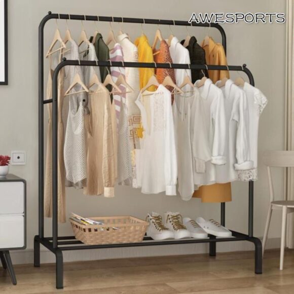 Black Metal Clothes Rack | Heavy Duty | Versatile | Clothes & Shoes Storage | Bedroom Organizer | Easy Assembly | Non-Slip Design | Generic - Image 3