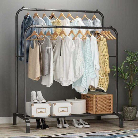 Black Metal Clothes Rack | Heavy Duty | Versatile | Clothes & Shoes Storage | Bedroom Organizer | Easy Assembly | Non-Slip Design | Generic