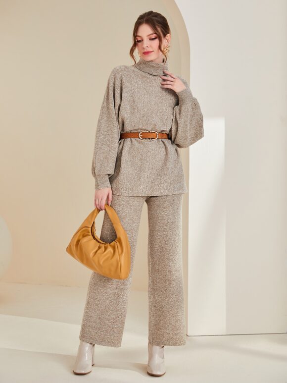 SHEIN Mulvari Turtle Neck Drop Shoulder Sweater & Knit Pants Without Belt