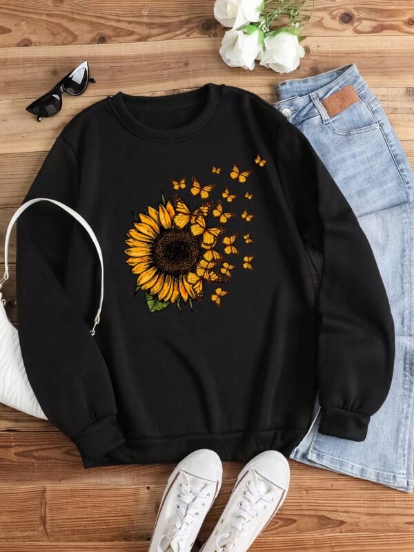 SHEIN LUNE Sunflower And Butterfly Print Thermal Lined Sweatshirt