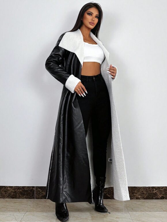 SHEIN Foxxy Women's Pu Leather Color Block Long Coat With Oversized Lapel - Image 7