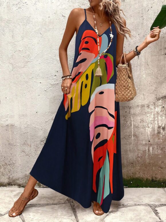 SHEIN LUNE Women's Palm Leaf Print V-Neck Spaghetti Strap Multicolor Summer Dress - Image 22