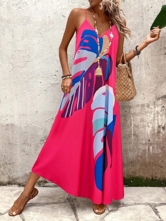SHEIN LUNE Women's Palm Leaf Print V-Neck Spaghetti Strap Multicolor Summer Dress - Image 2