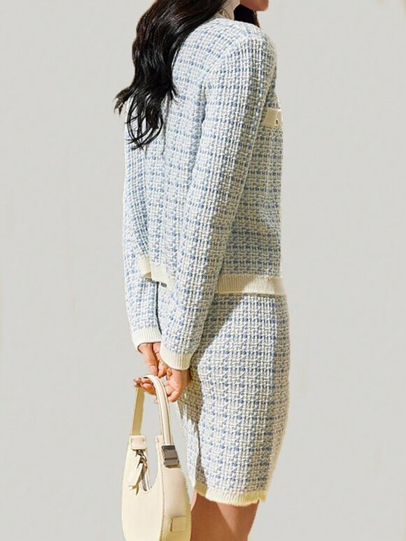 2pcs Commuting Style Color Blocking Knitted Cardigan And Knee-Length Skirt Set - Image 8