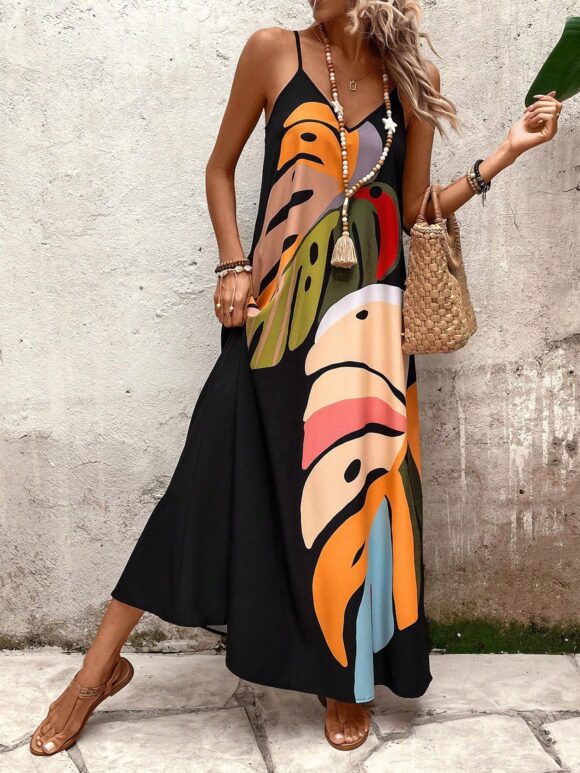 SHEIN LUNE Women's Palm Leaf Print V-Neck Spaghetti Strap Multicolor Summer Dress - Image 15