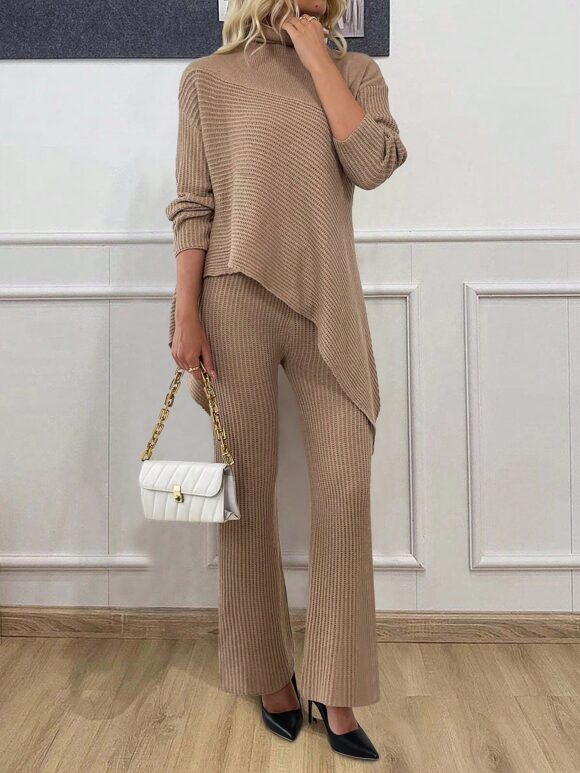 SHEIN LUNE 2pcs Set Spring Summer New Batwing Sleeve Knit Sweater With High Neck & Asymmetric Hem Solid Color Knitted Long Top - Image 7