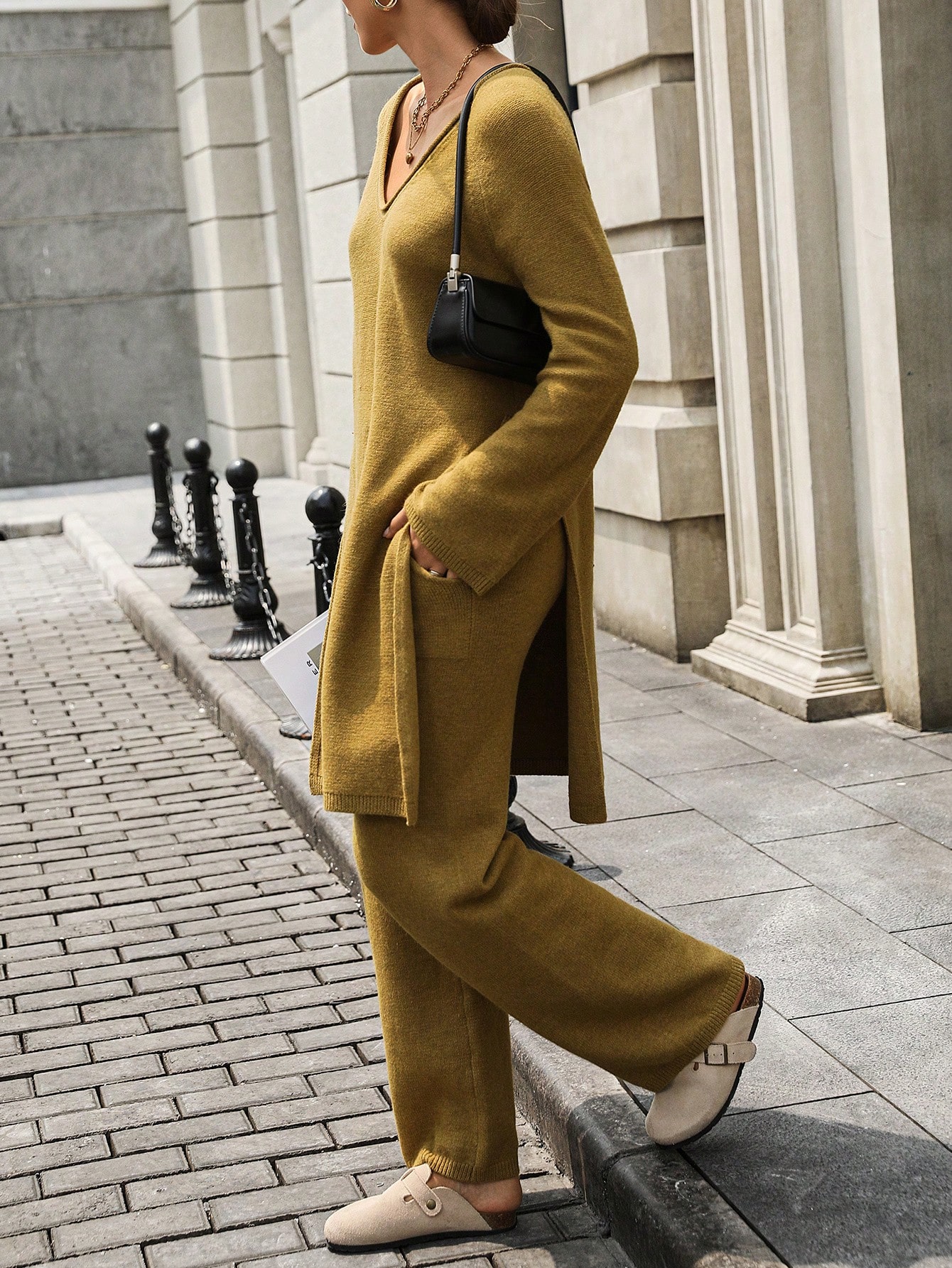 SHEIN Relaxiva 2pcs/Set Women's Solid V-Neck Batwing Sleeve Slit Hem Sweater And Knitted Midi Skirt, Autumn Winter Fashion - Image 4