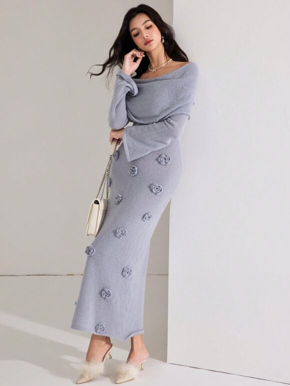 Heiryn Elegant Solid Color Off Shoulder Floral Decor Fitted Sweater Dress, Autumn/Winter - Image 6