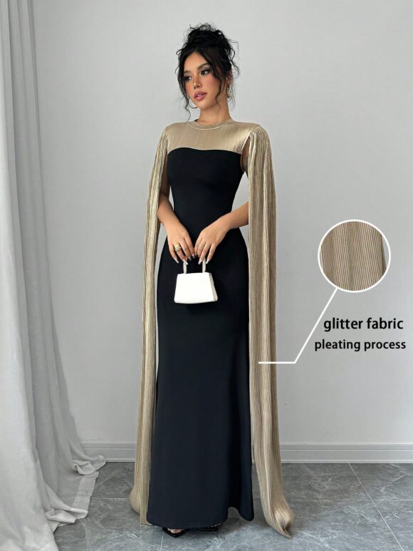 SHEIN Raffinéa Women's Round Neck Color-Block Ribbon Accent Fish Tail Hem Elegant Dress - Image 3