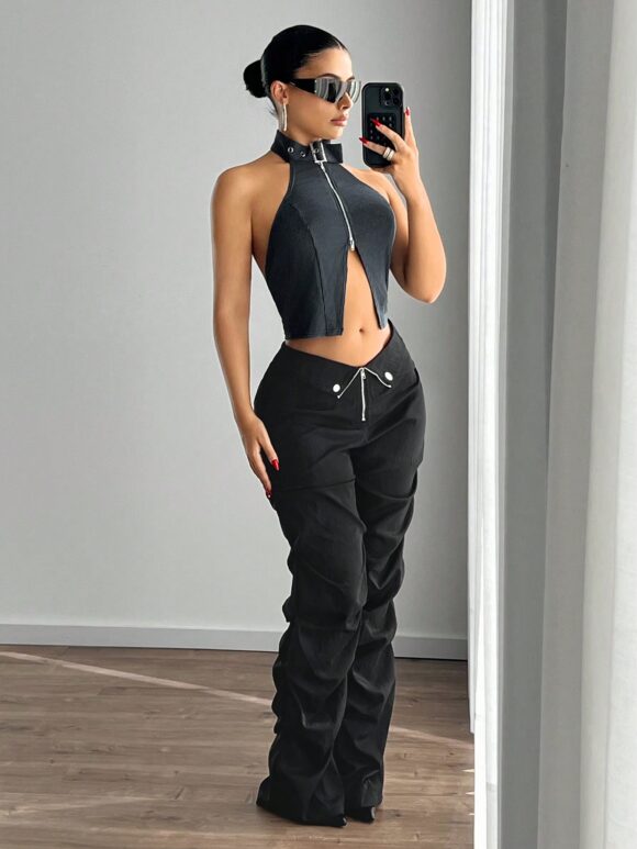 SHEIN ICON Y2k Red Fold-Over Low-Waist Slim-Fit Pu Long Pants - Image 2