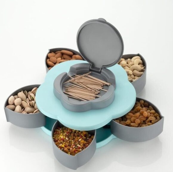 Multipurpose 5 Compartments Flower Candy Box Serving Rotating Tray Dry Fruit, Candy, Chocolate, Snacks Storage Box, Masala Box with Mobile Phone Stand for Home and Kitchen - Image 2