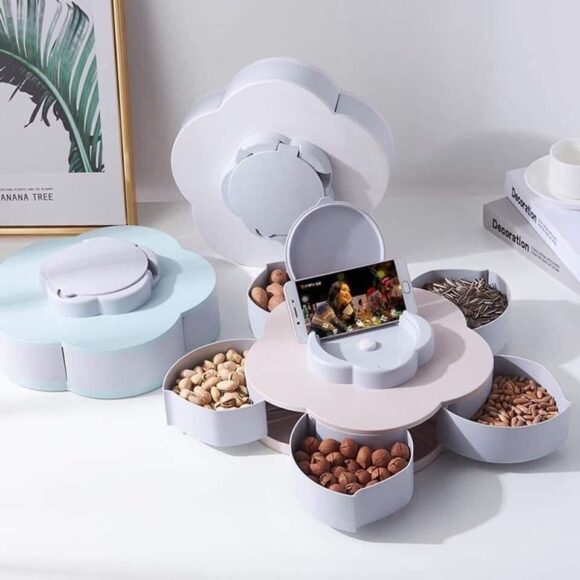 Multipurpose 5 Compartments Flower Candy Box Serving Rotating Tray Dry Fruit, Candy, Chocolate, Snacks Storage Box, Masala Box with Mobile Phone Stand for Home and Kitchen - Image 3
