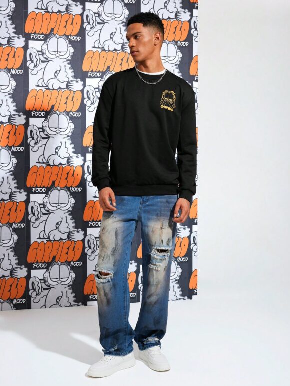 GARFIELD X SHEIN 1pc Casual Cartoon & Letter Print Black Pullover Sweatshirt , Spring Autumn - Image 4