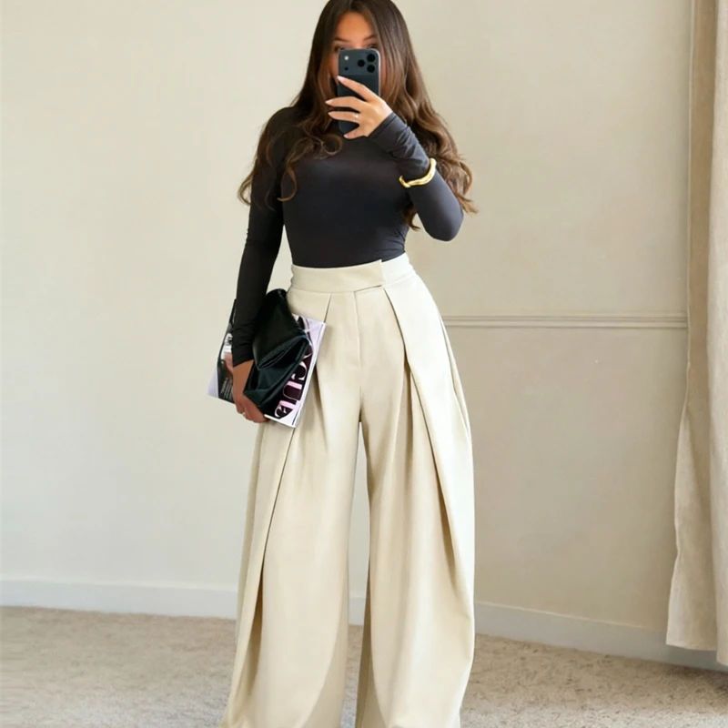 HXAO Baggy Wide Pants For Woman Office Work Pleats Beige Suit Trousers Spring Casual High Waist Black Striped Wide Leg Pants - AliExpress 200000345 - Image 6