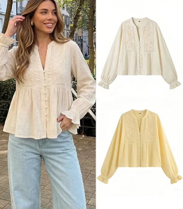 HH Women's Beige Vintage Embroidered Shirt V Neck Single Breasted Flare Sleeve Blouse Top Chic Retro Style Streetwear Tops - AliExpress 200000345