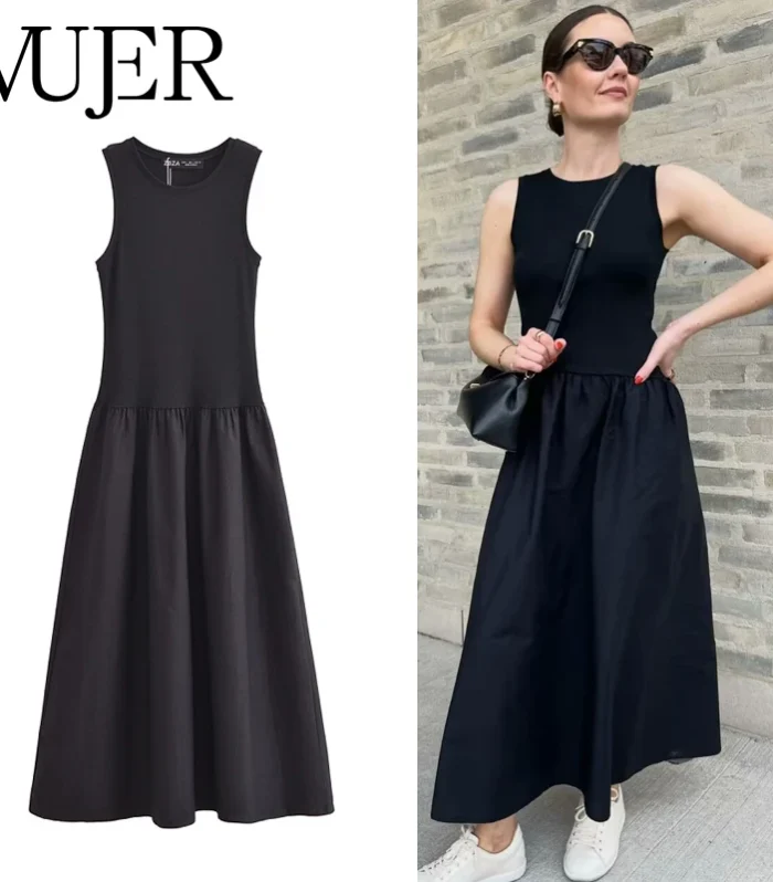 MUJER Black Pleated Long Dresses for Women Knitted Sleeveless Maxi Dress Woman Vintage Party Womens Dresses Spring Casual Dress - AliExpress 200000345