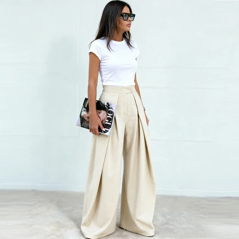 HXAO Baggy Wide Pants For Woman Office Work Pleats Beige Suit Trousers Spring Casual High Waist Black Striped Wide Leg Pants - AliExpress 200000345 - Image 3