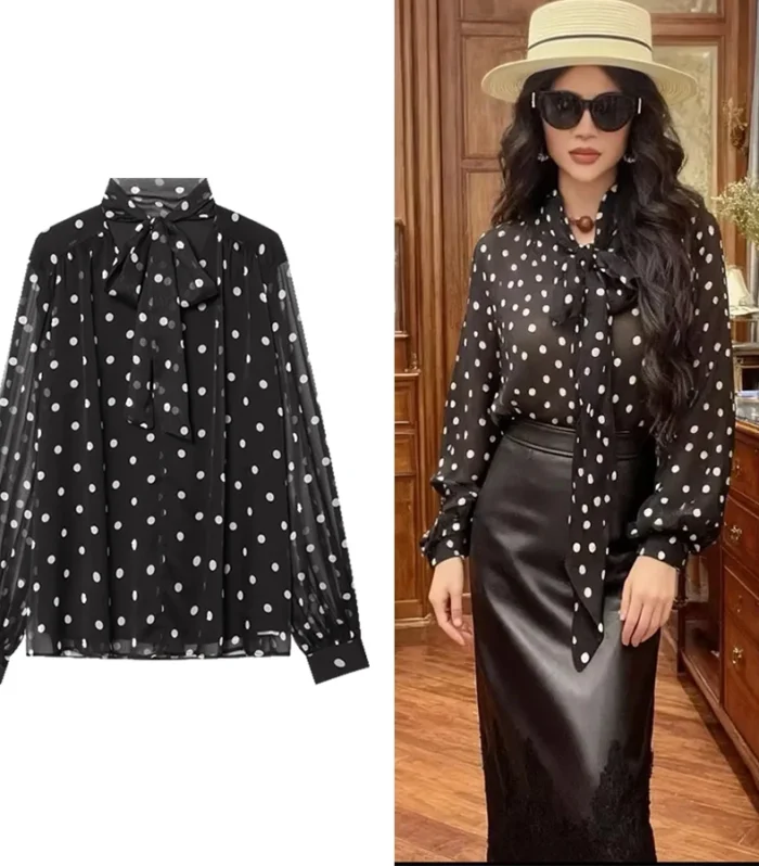 Women Elegant Polka Dot Print Blouse Women Bow Tie Collar Long Sleeve Shirt Fashion Female High Street Chic Thin Tops - AliExpress 200000345