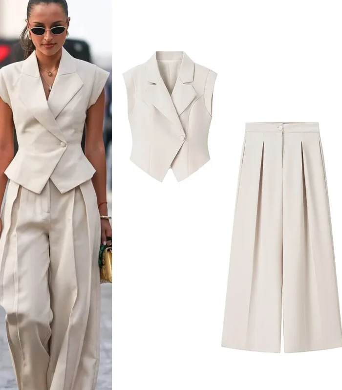 2 Pcs Women Chic Pants Suit Casual Turn-down Collar Slim Top+ Zipper Waist-drooping Wide-leg Long Pants Fashion Summer Suits Set - AliExpress 200000345