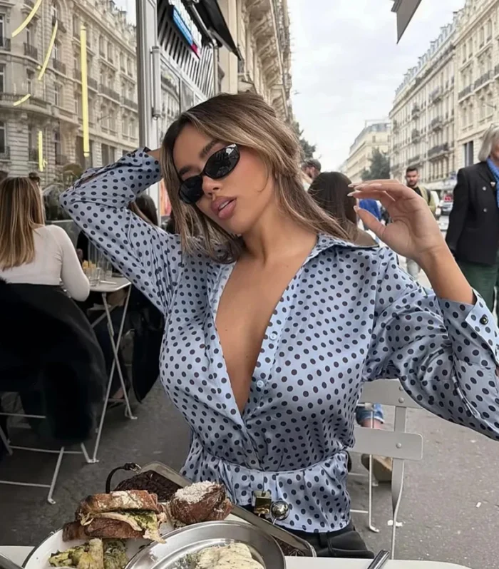 Women Sexy V-neck Polka Dot Satin Blouse Chic Women Long Sleeve High Waist Light Blue Shirt Lady New Spring Vacation Daily Tops - AliExpress 200000345