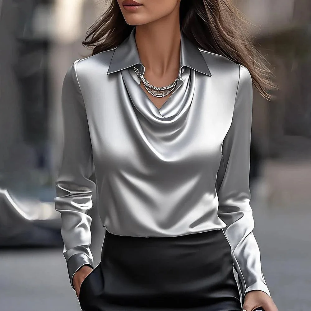 Women Long Sleeve Satin Cowl Neck Collar Blouse Elegant Office Lady Business Work Shirt Top - AliExpress 200000345