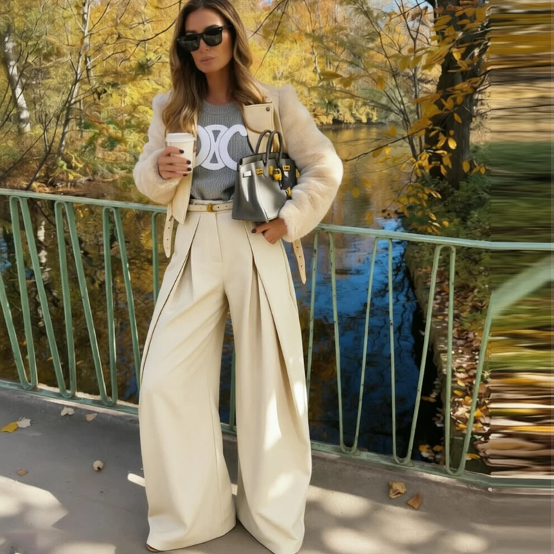 HXAO Baggy Wide Pants For Woman Office Work Pleats Beige Suit Trousers Spring Casual High Waist Black Striped Wide Leg Pants - AliExpress 200000345 - Image 4