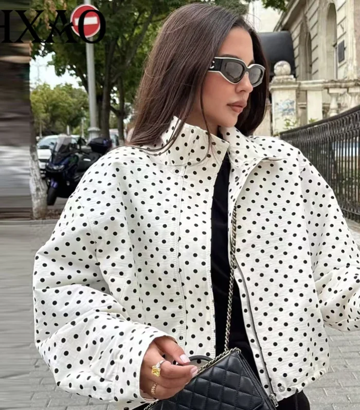 HXAO Polka Dot Bomber Jacket Women's Jackets Demi-Season Oversized Long Sleeve Top Outerwear Aviator Plus Size Zip Up Crop Coats - AliExpress 200000345