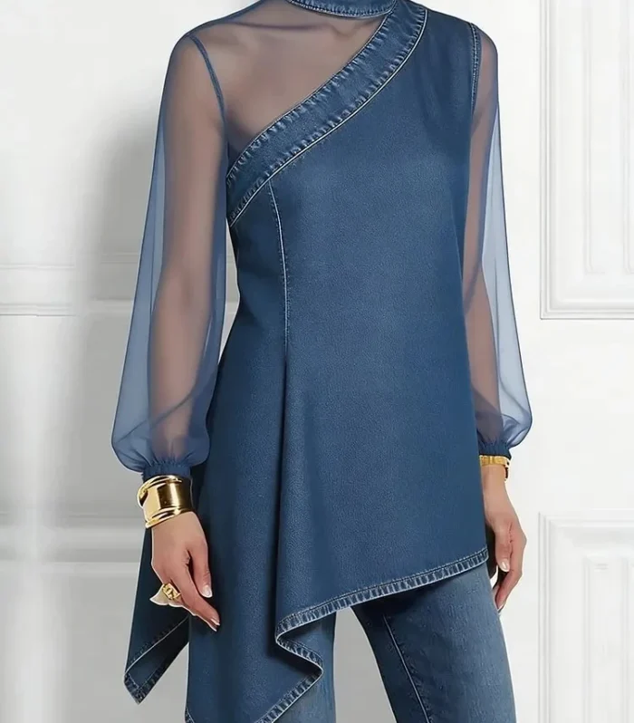 Women's Asymmetric Imitation Denim Shirt Fashion Turtleneck Irregular Hem Gauze See Through Puff Sleeve Loose Party Ladies Top - AliExpress 200000345