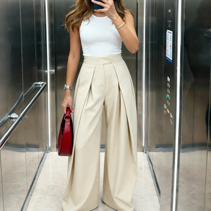 HXAO Baggy Wide Pants For Woman Office Work Pleats Beige Suit Trousers Spring Casual High Waist Black Striped Wide Leg Pants - AliExpress 200000345 - Image 5