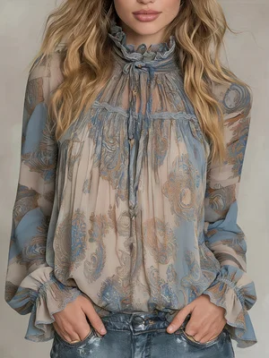 2026 Spring New Collection Retro Paisley Print Chiffon Blouse with Ruffled Stand Collar, Tie-Up Flared Sleeves, Sheer Top, Plus Size Women's Clothing for Work and Vacation - AliExpress 200000345