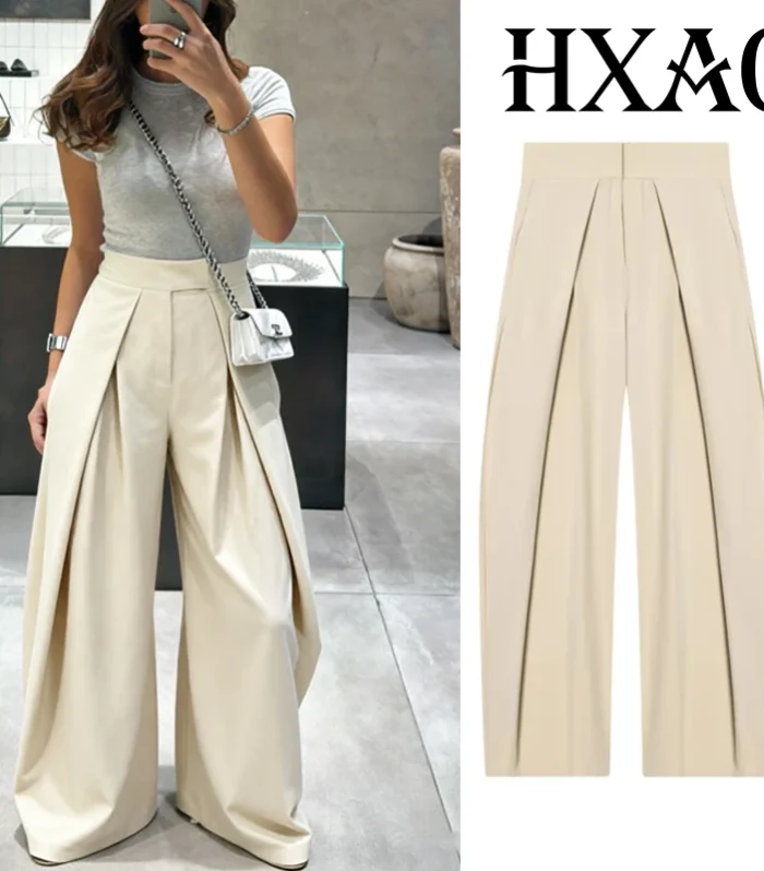 HXAO Baggy Wide Pants For Woman Office Work Pleats Beige Suit Trousers Spring Casual High Waist Black Striped Wide Leg Pants - AliExpress 200000345