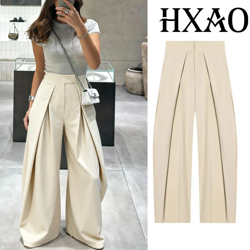 HXAO Baggy Wide Pants For Woman Office Work Pleats Beige Suit Trousers Spring Casual High Waist Black Striped Wide Leg Pants - AliExpress 200000345