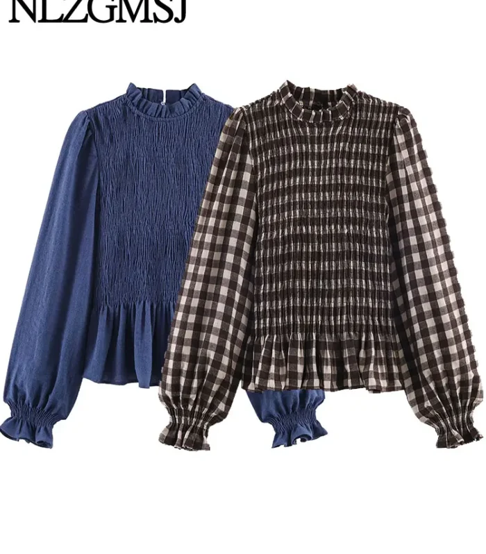 Nlzgmsj 2025 Vintage Chic Brown Plaid Shirts Women Long Sleeve Blouses Fold Fashion Casual Elegant Women Tops Y2k - AliExpress 200000345