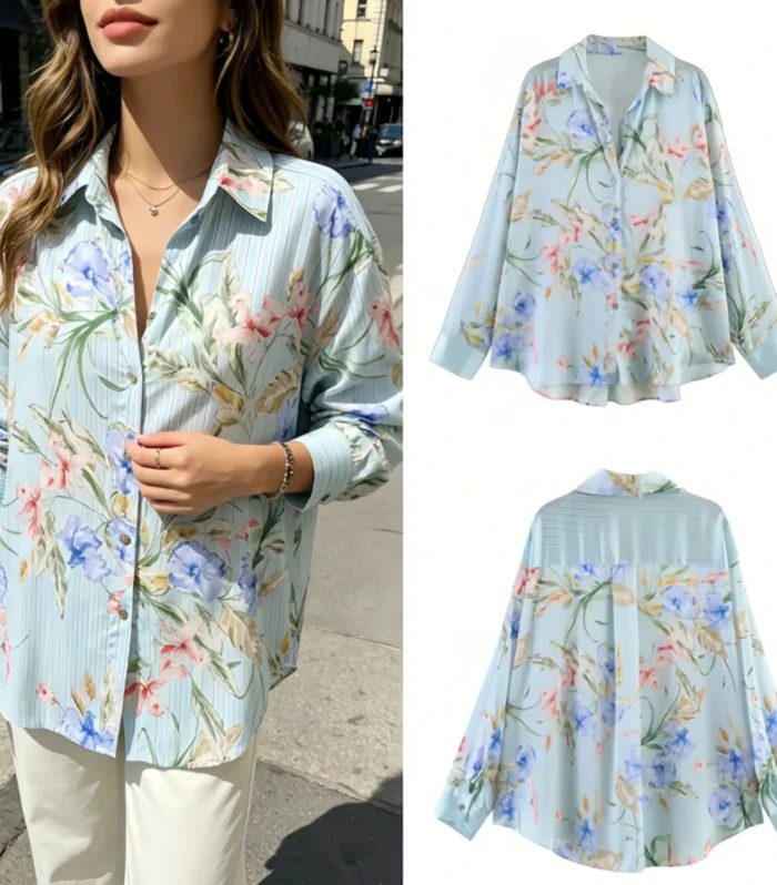 New Women's Fashion Floral Print Silk Satin Feel Long Sleeve Shirt Loose Fit Breathable Skin Friendly Spring Summer Shirt - AliExpress 200000345