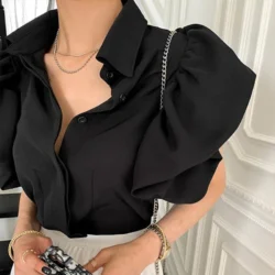 Gidyq Y2K Women Chiffon Black Shirts Summer Fashion Elegant Puff Sleeve Tops Korean All Match Female Casual Blouse New - AliExpress 200000345