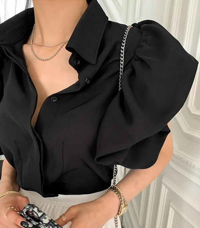 Gidyq Y2K Women Chiffon Black Shirts Summer Fashion Elegant Puff Sleeve Tops Korean All Match Female Casual Blouse New - AliExpress 200000345