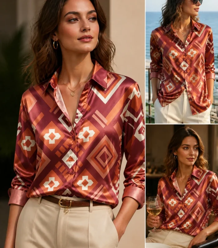 Burgundy Geometric Satin Blouse for Women Long Sleeve Button Down Shirt Retro Diamond Casual Silky Top - AliExpress 200000345