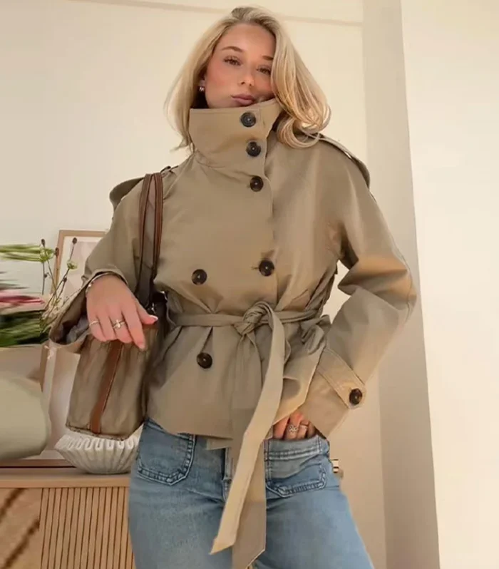 Belted Waist Cropped Trench Jackets Women Double Breasted Stand Collar Coats 2025 Autumn Chic Casual Vintage Jacket Women Cloth - AliExpress 200000345