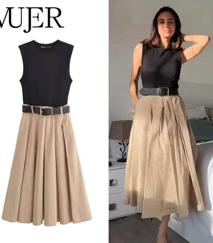MUJER 2025 Woman Dresses Belt Pleated Midi Dress Women Sleeveless Summer Dress Woman Knitted Party Dresses for Women Sundress - AliExpress 200000345